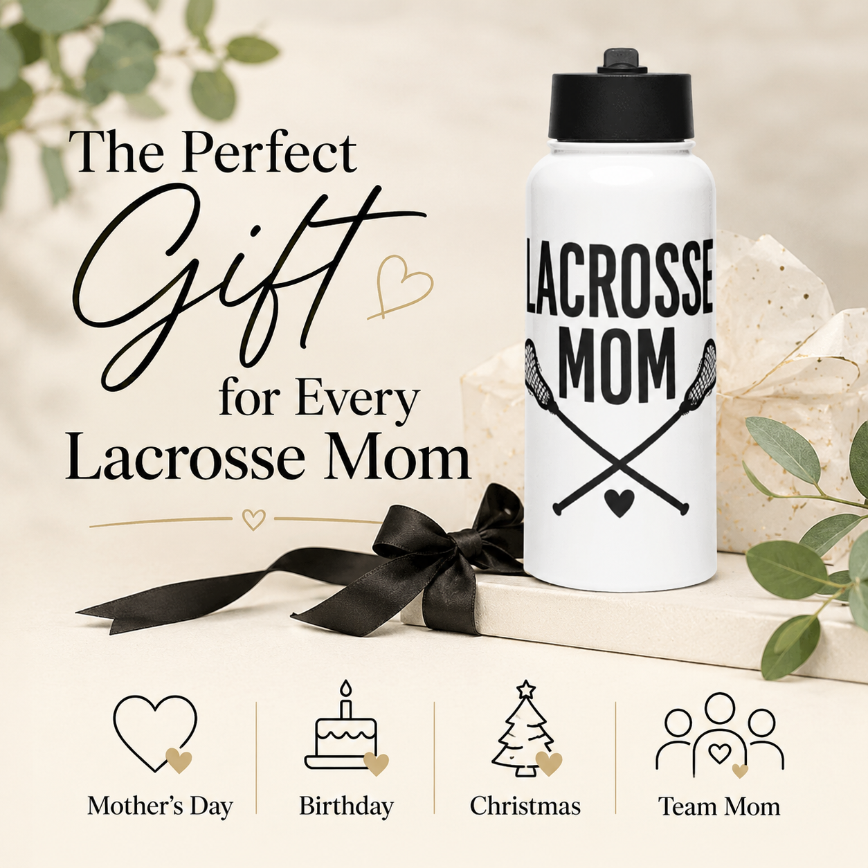 a graphic with the white water bottle with black text that reads lacrosse mom showing gift ideas as the perfect gift for every lacrosse mom