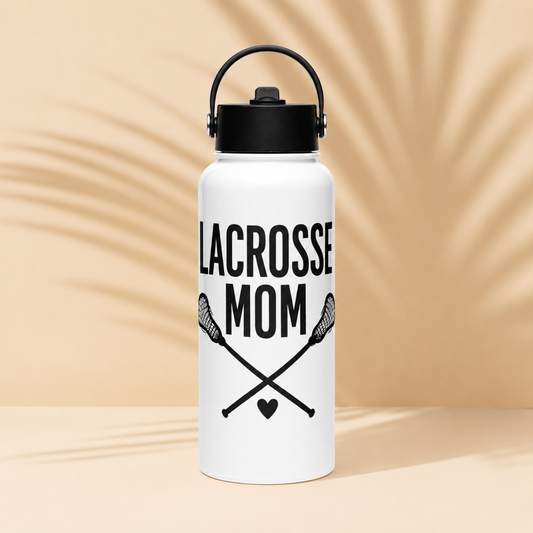 a white water bottle with Lacrosse Mom printed in black 
