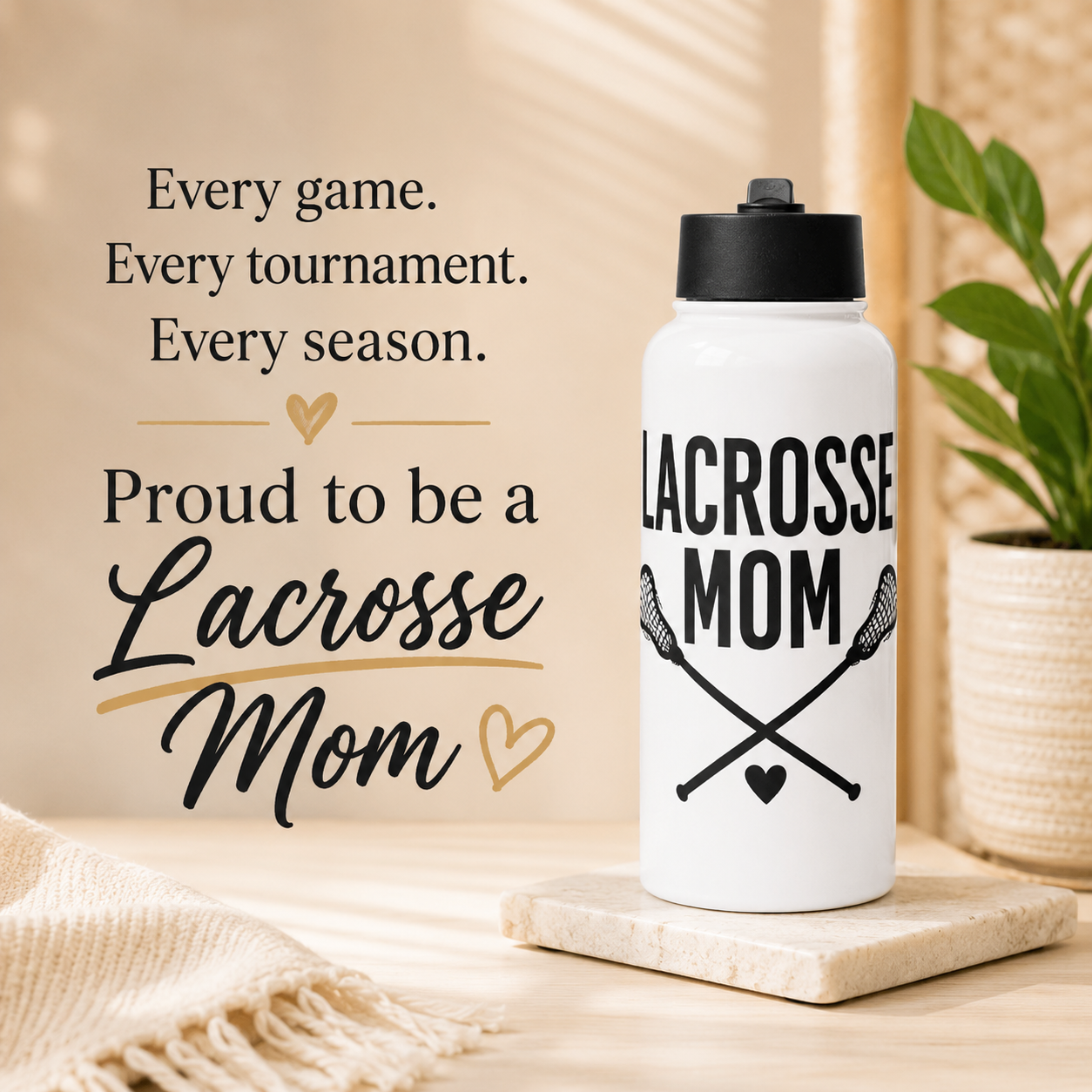 white water bottle with black text that says lacrosse mom and copy that reads proud to be a lacrosse mom