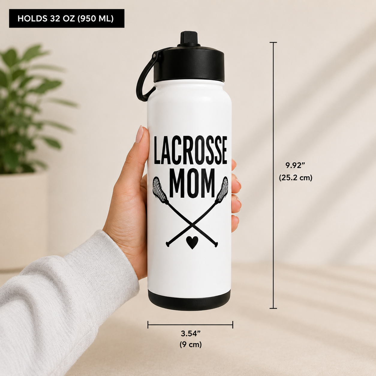 white water bottle with black text that reads lacrosse mom showing the dimensions